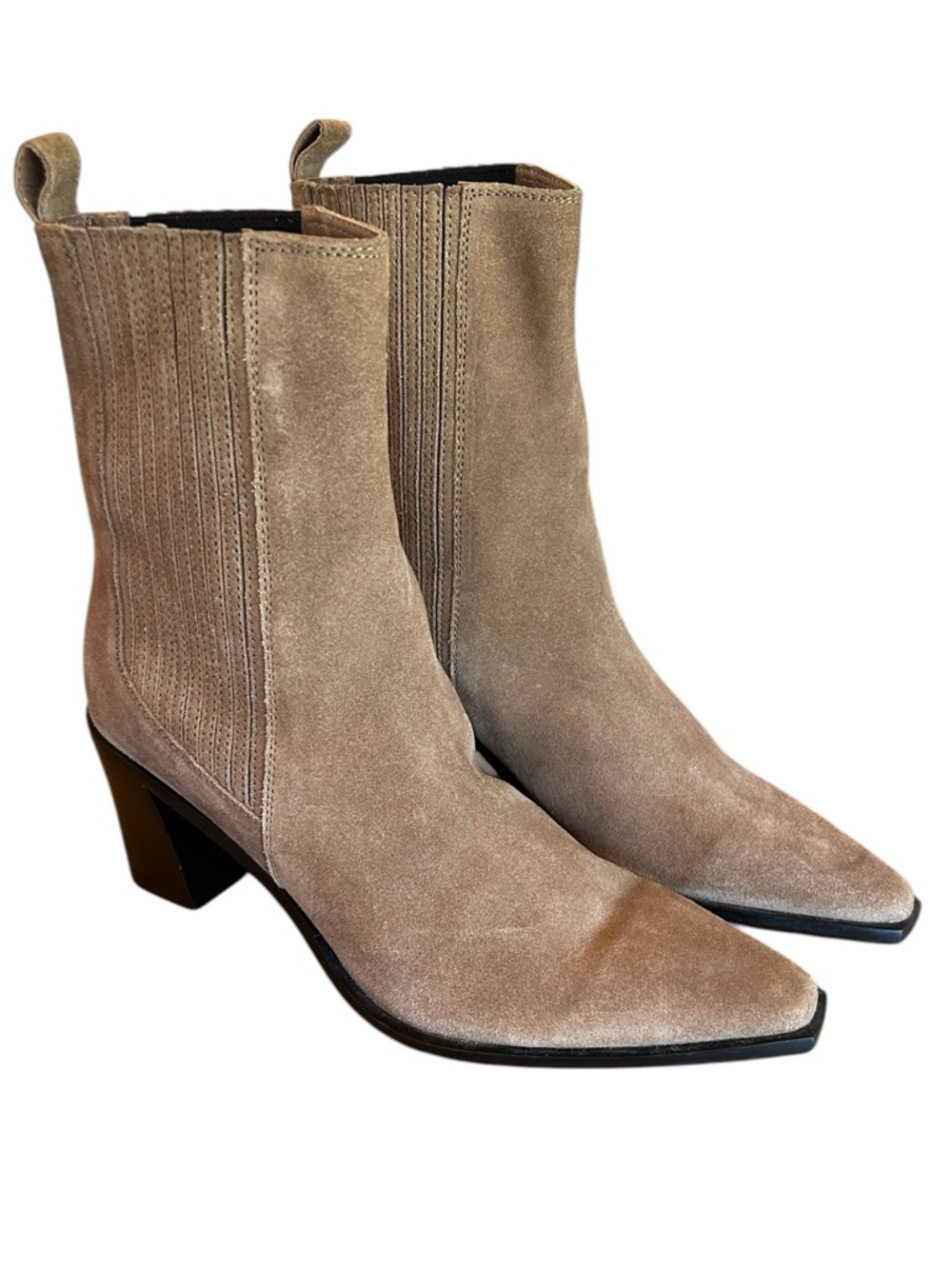 ZARA Taupe Suede Pointed‑Toe Ankle Boots – Pull‑On, Block Heel – Women’s 41